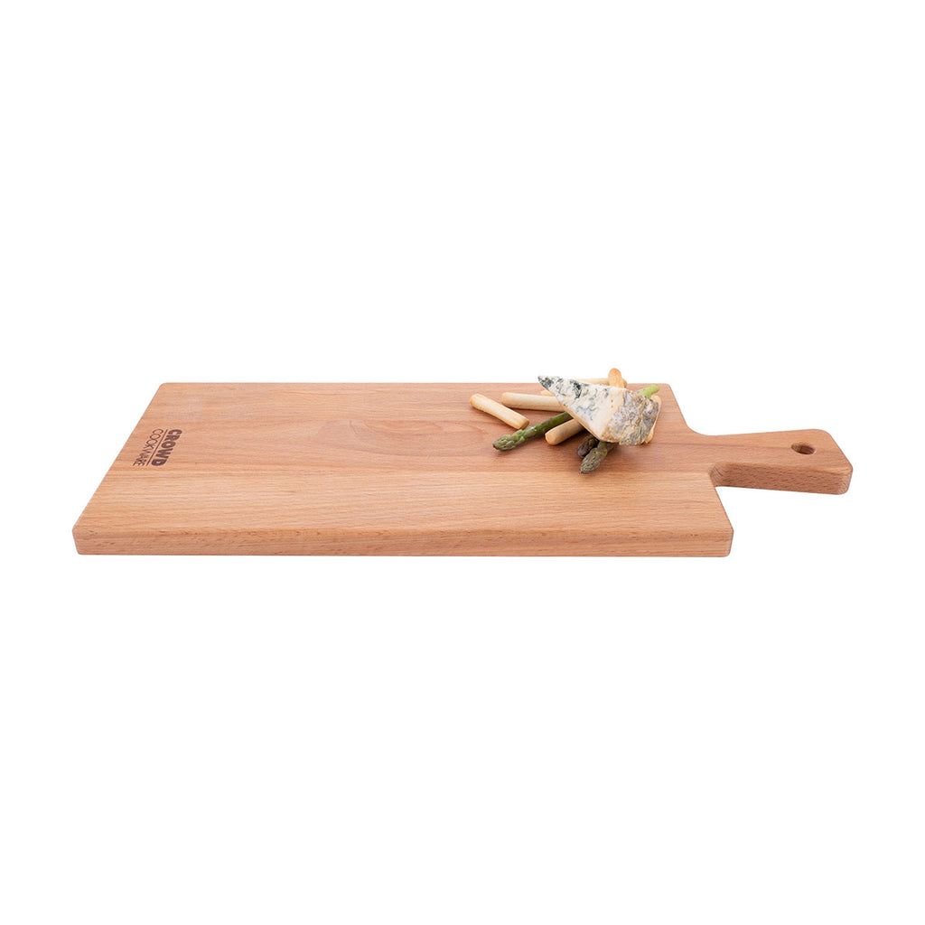 Rectangular cutting board 50x20 cm with handle made of beech wood with crowd cookware logo with cheese side view lifesstyle image