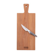 Rectangular cutting board 50x20 cm with handle made of beech wood with crowd cookware logo with paring knife on top lifestyle image