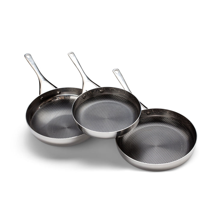 The Blackbeard Stainless Steel Frying pans and Wok - 24 + 28 cm + Wok 28 cm (9" + 11" + 11" wok)