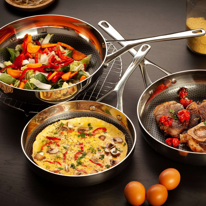 The Blackbeard Stainless Steel Frying pans and Wok - 24 + 28 cm + Wok 28 cm (9" + 11" + 11" wok)